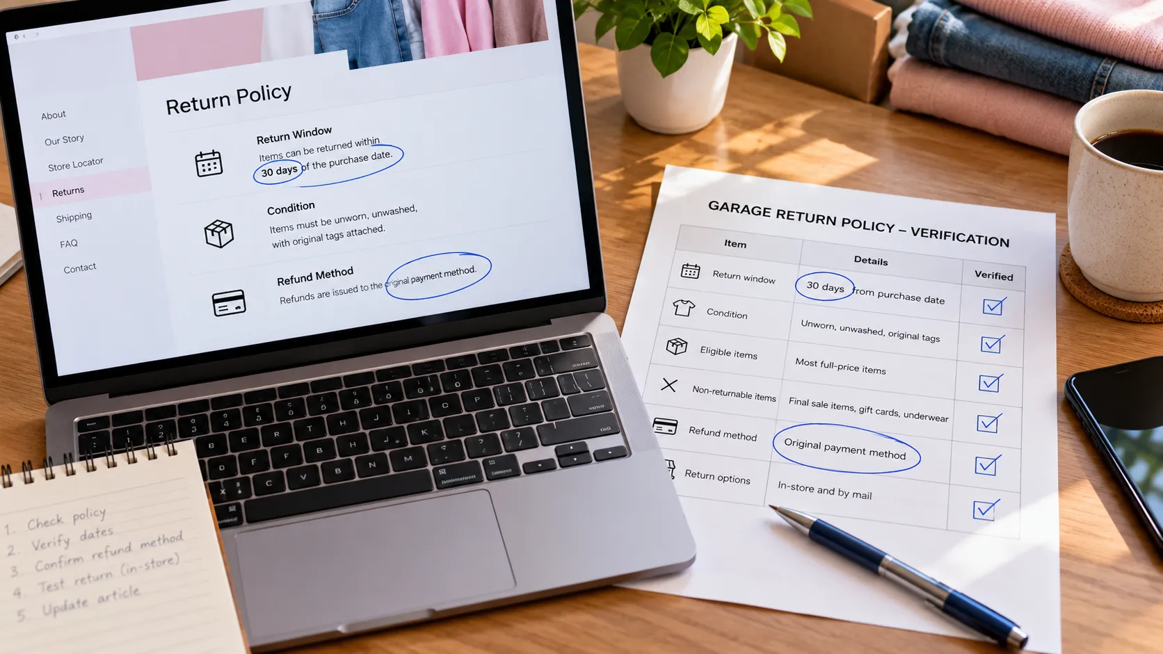 Desk with a laptop on Garage’s policy page and a checklist verifying the 30-day return window.