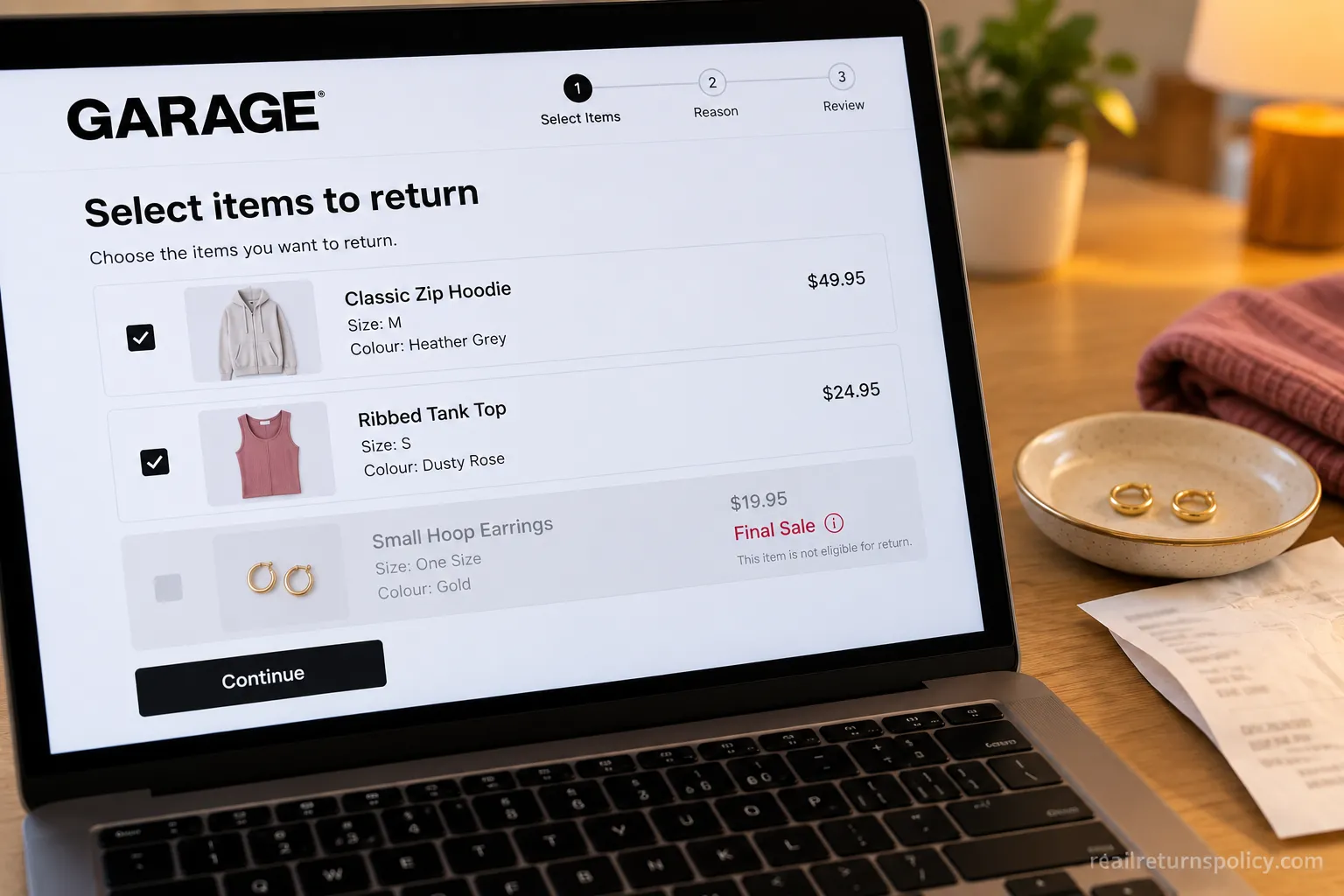 Garage return portal showing a final-sale earrings item greyed out and not selectable for a refund.