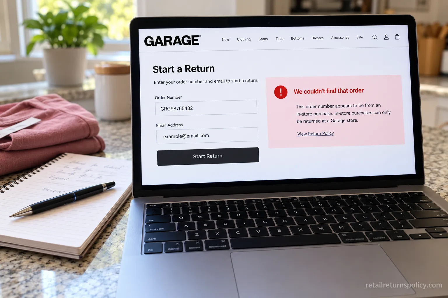 Garage online return portal showing an error when an in-store order is entered, proving in-store buys are store only.