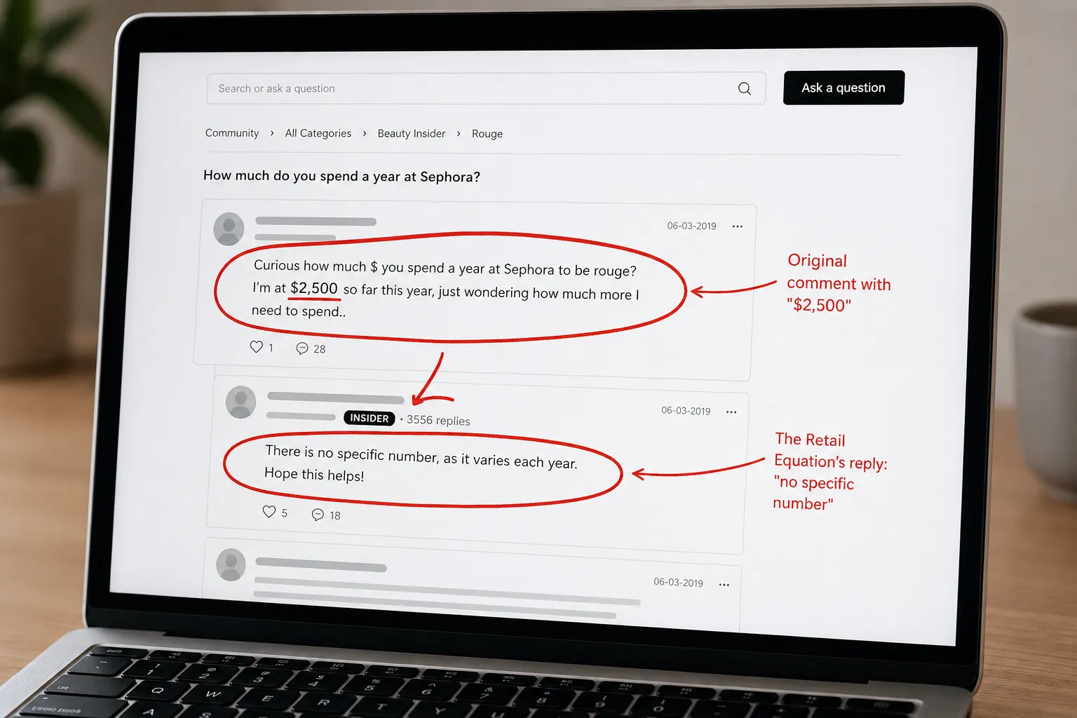Illustration of a generic online community forum thread with highlighted comments and annotation arrows on a laptop screen.
