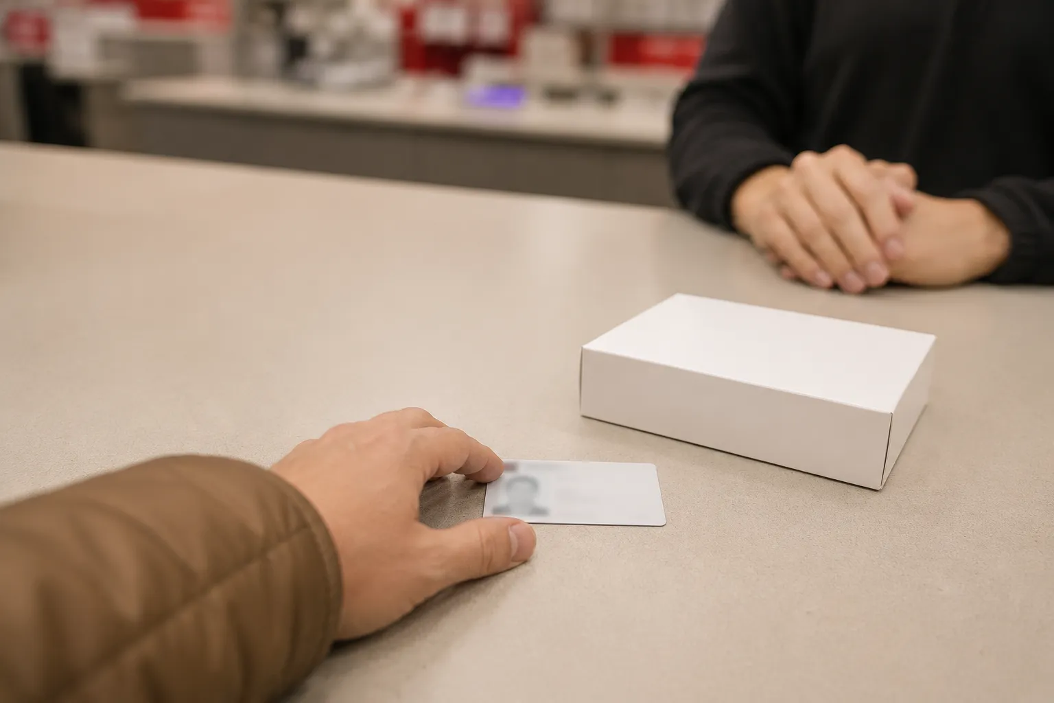 Shopper handing a blank photo ID and a boxed item across a Guest Services counter, illustrating the identity verification step during an in-store return.