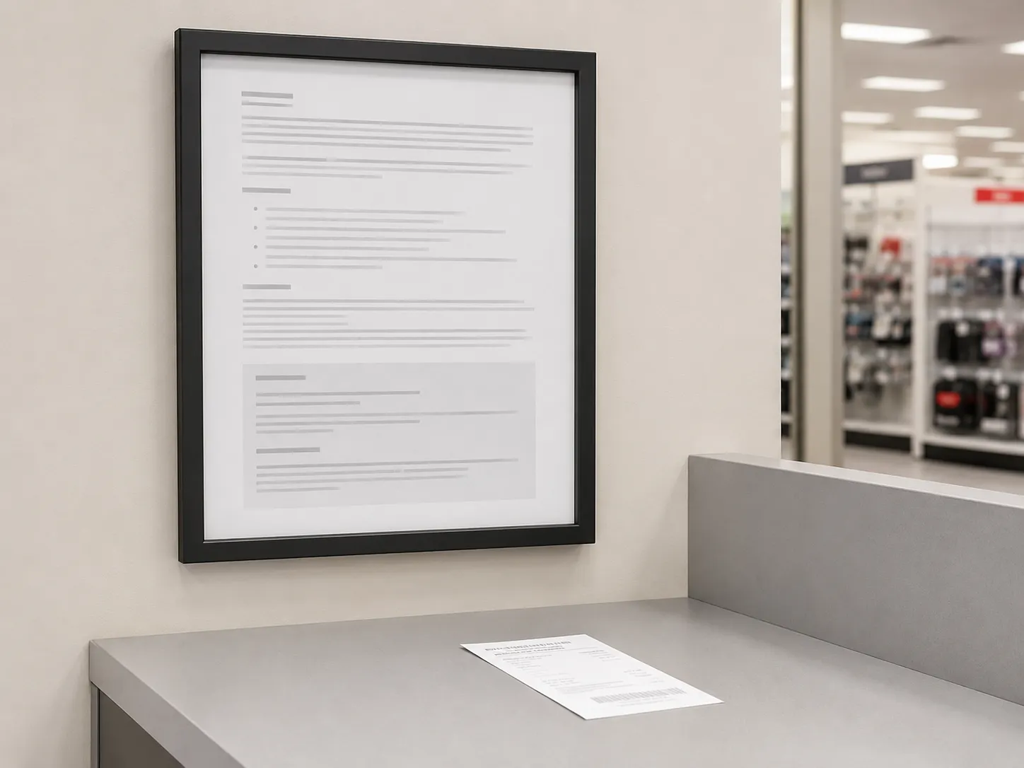 Representative illustration of a Guest Services refund exceptions policy board mounted beside a retail service counter with an exchange slip resting on the countertop below, featuring no readable text