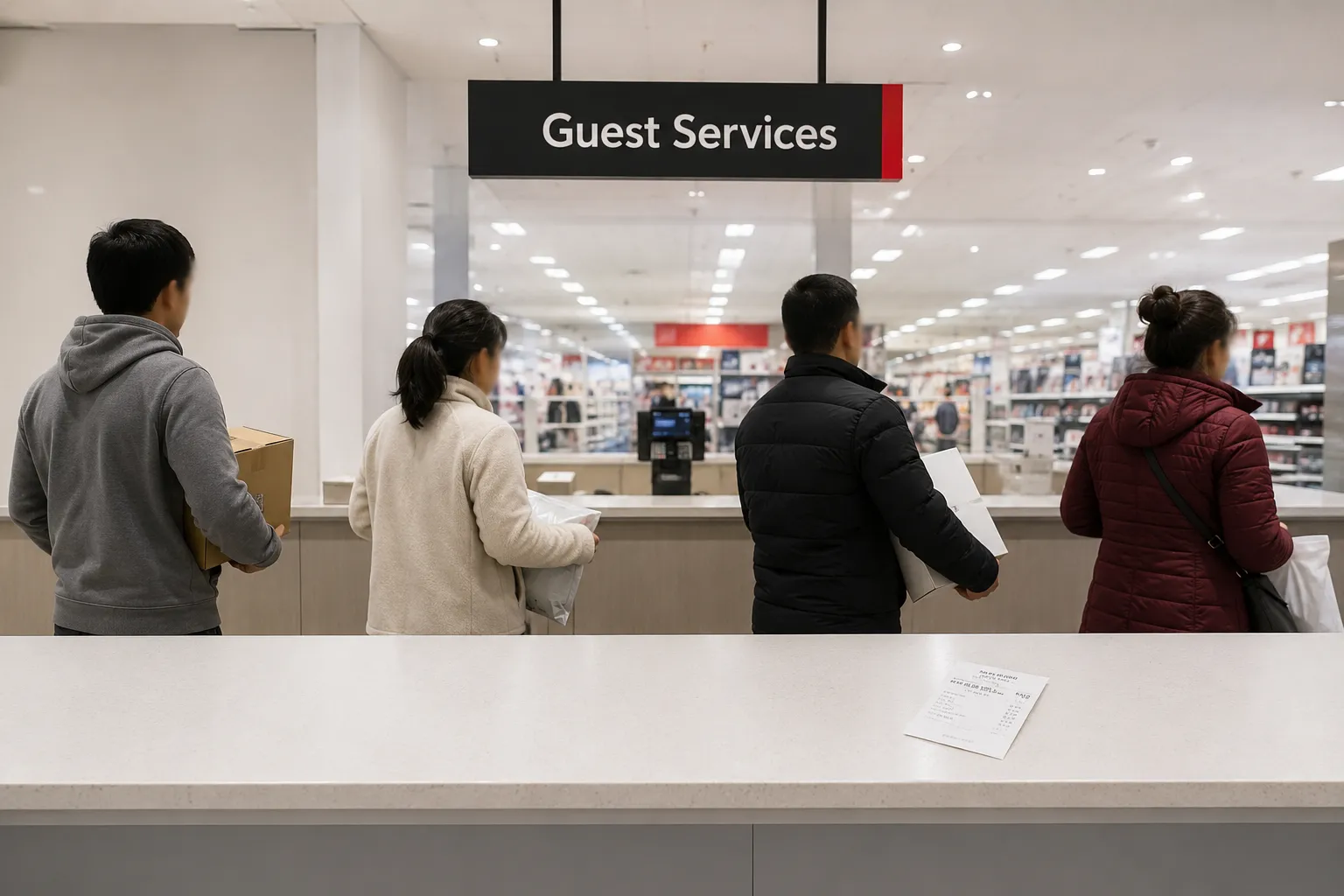 Representative editorial illustration of shoppers waiting at a retail Guest Services counter at store opening with a refund receipt resting on the counter in the foreground, bright store interior.