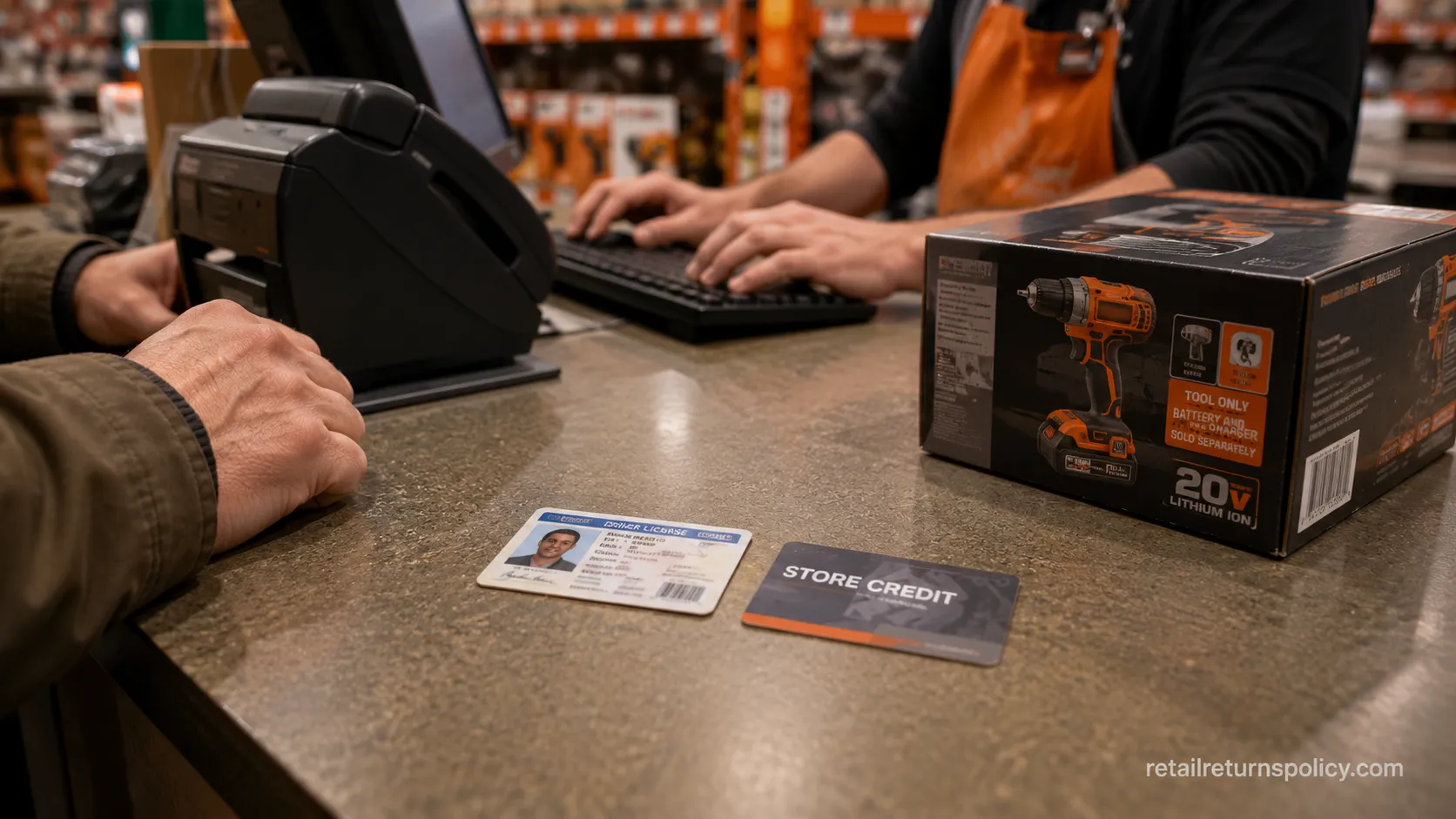 Hardware store service desk processing a return with a photo ID and store-credit card on the counter