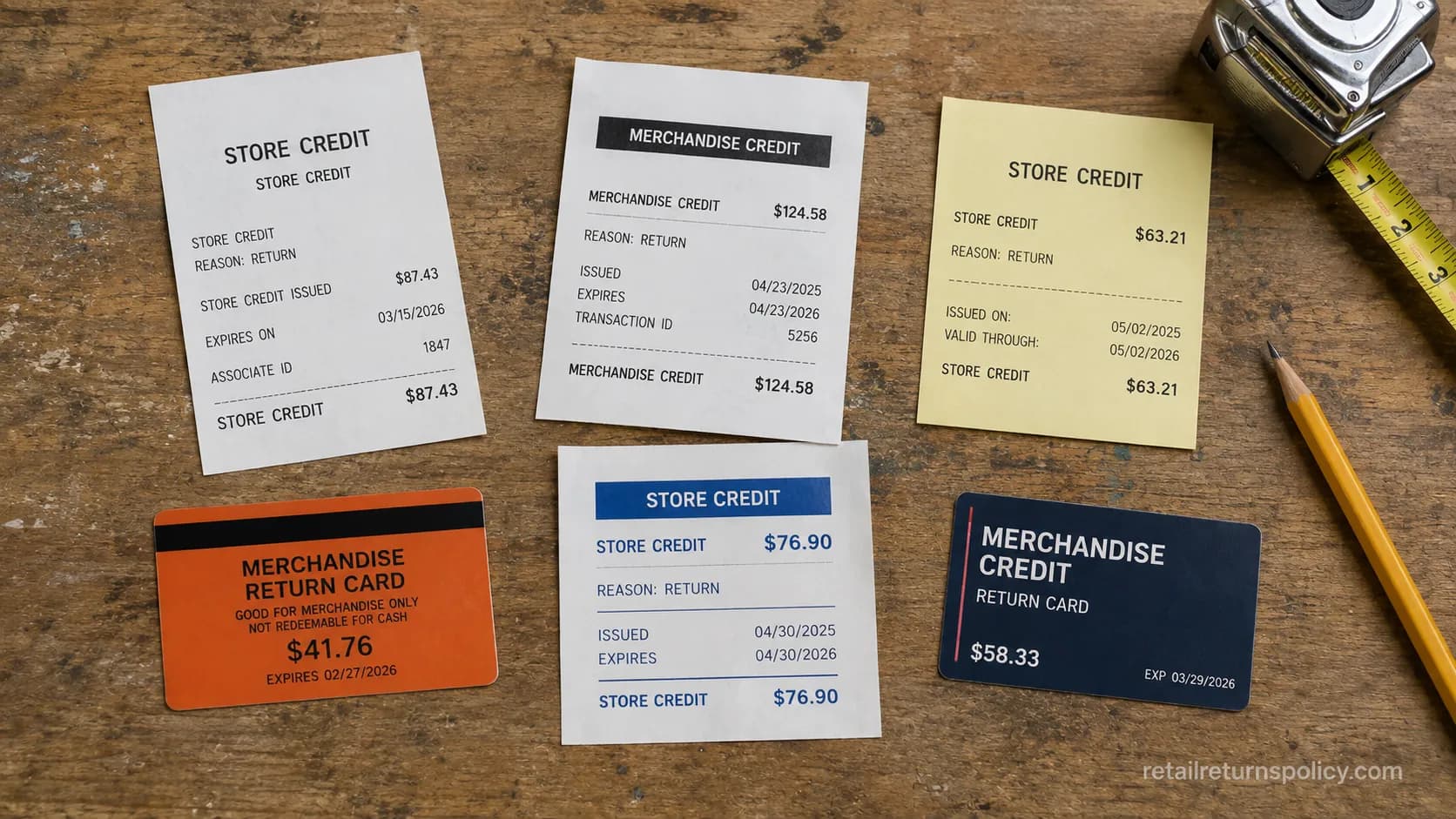Store credit slips from five hardware chains after receipt-free returns.