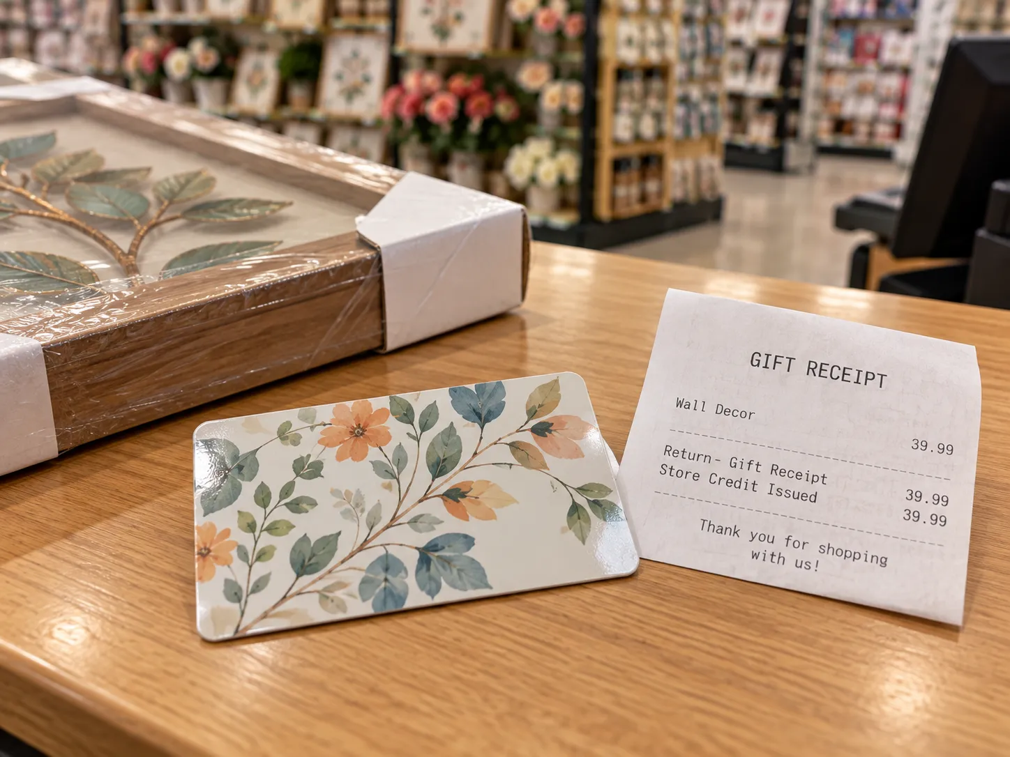 Store credit issued on a gift card for a Hobby Lobby gift-receipt return.
