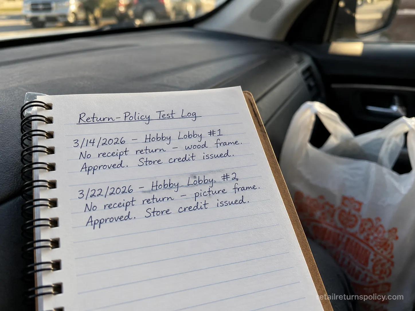 Dated return-test log showing two no-receipt Hobby Lobby visits in the same month.