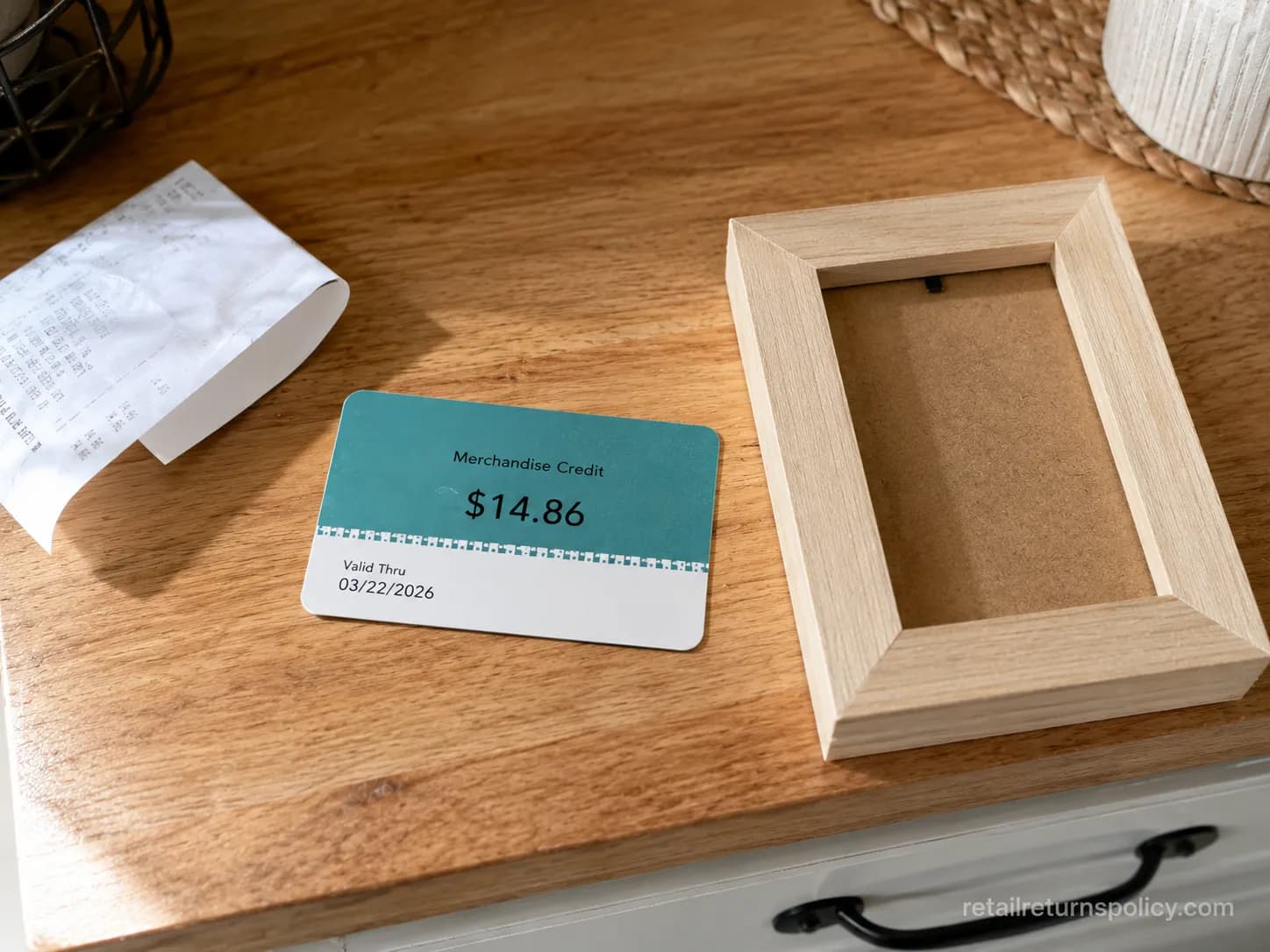 Hobby Lobby store-credit gift card issued for a no-receipt frame return, dated March 20.26