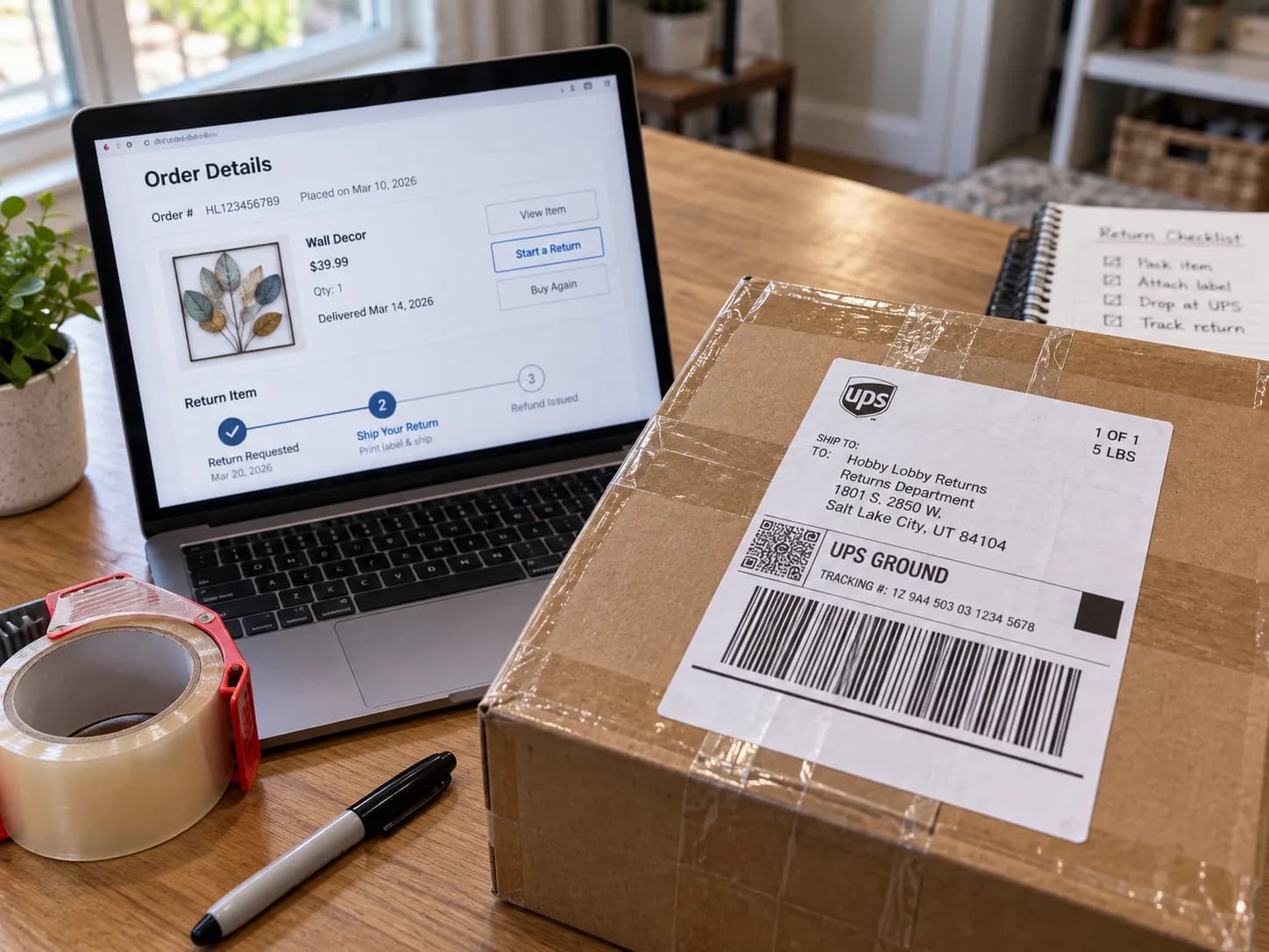 Hobby Lobby online return parcel with a UPS shipping label beside a laptop.