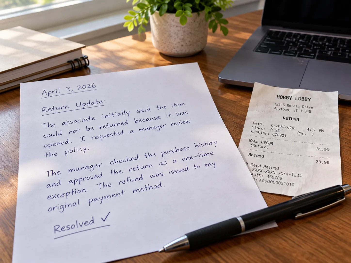 Dated note showing a Hobby Lobby return escalated to a manager and resolved.