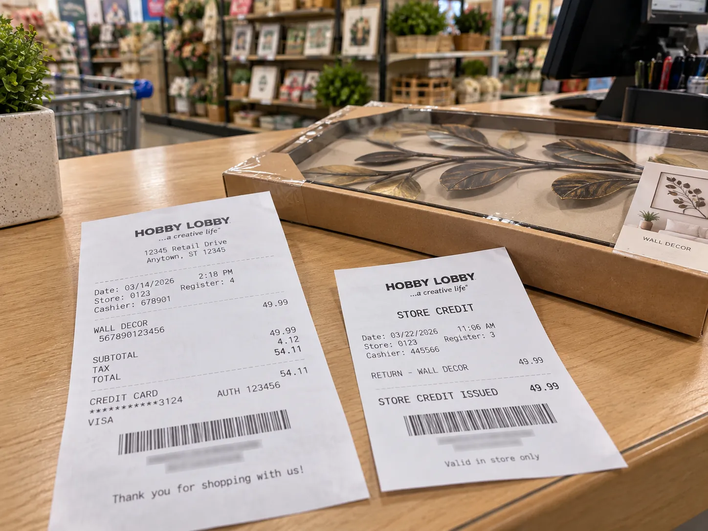 Hobby Lobby receipt and store-credit slip from a returned craft item on a counter.