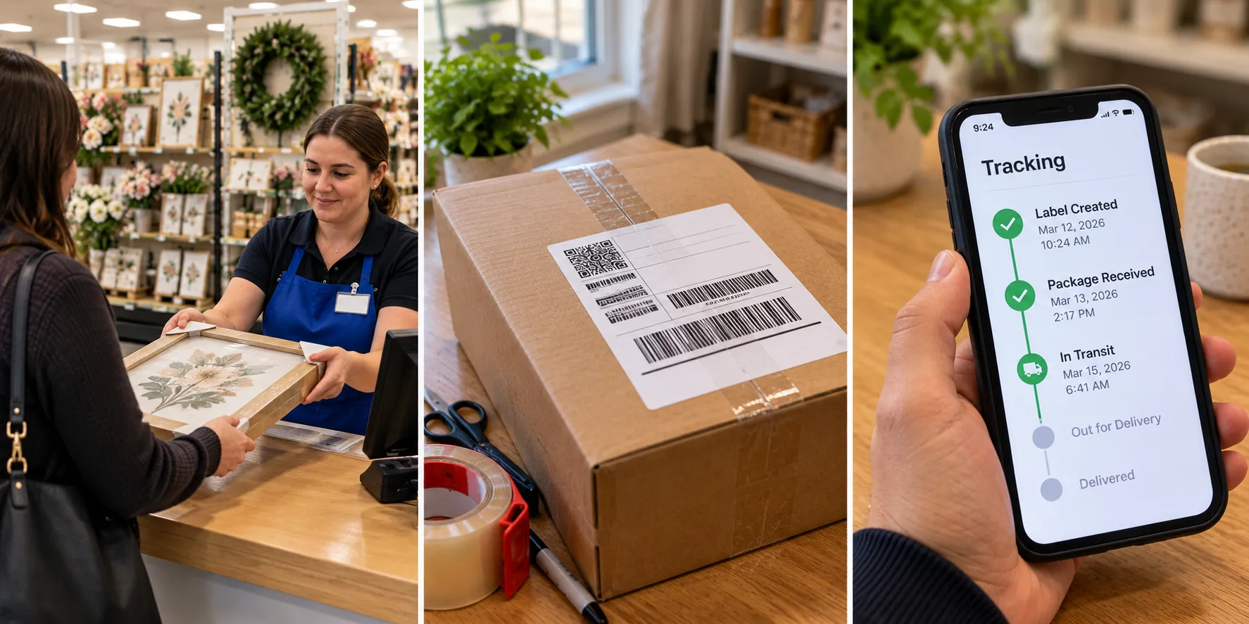Step-by-step photos of returning an item to Hobby Lobby, from desk to tracking.