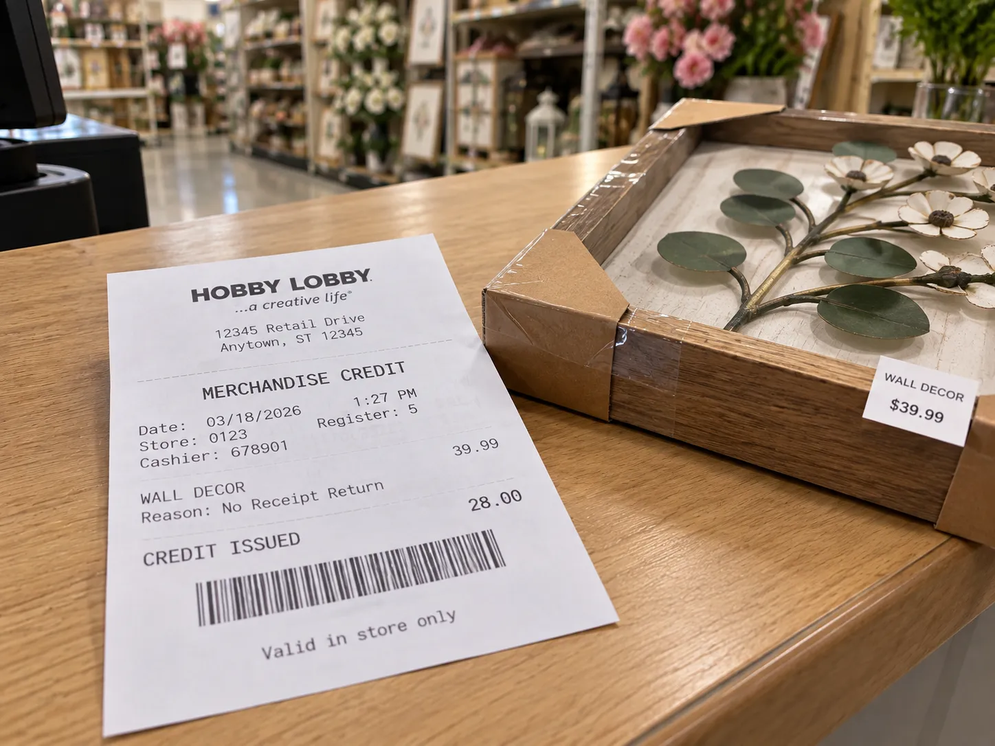 Hobby Lobby store-credit slip for a no-receipt return showing a reduced amount.