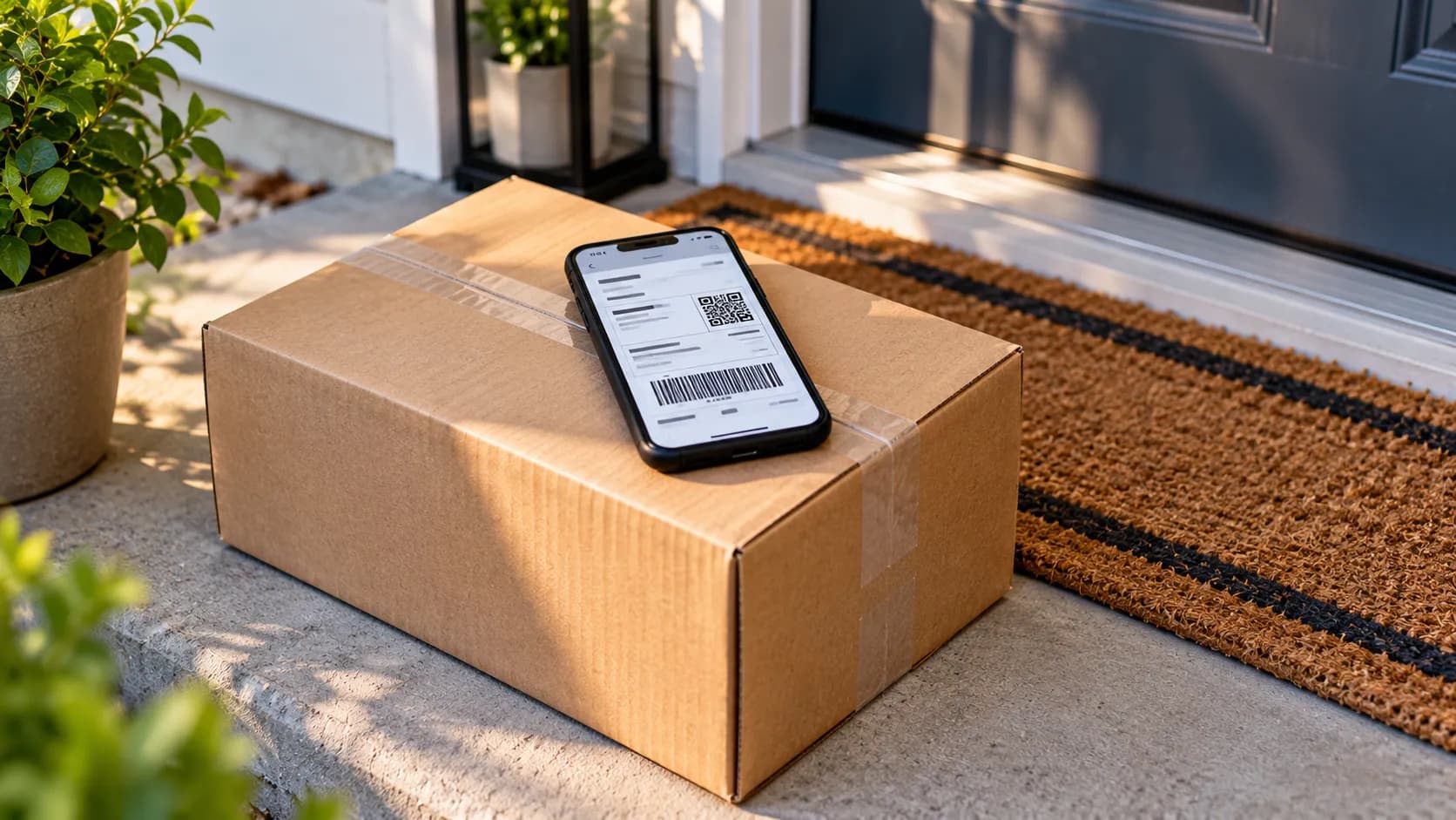Hoka return by channel, a shoe box and phone with a shipping label on a doorstep