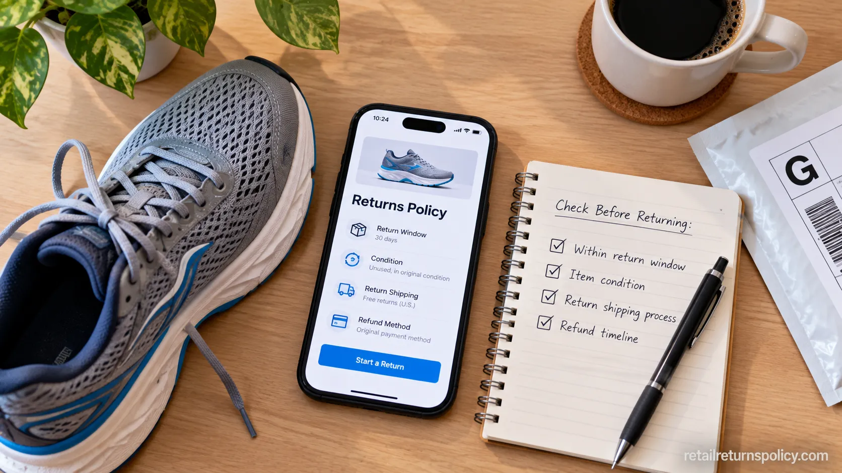 Hoka return policy summary being checked on a phone at a desk