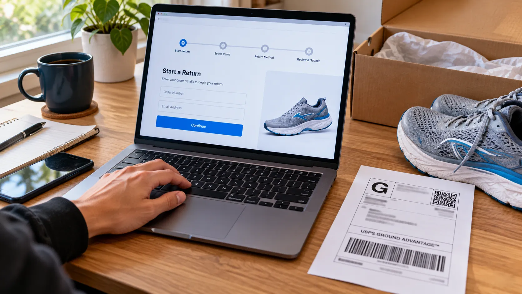 Hoka return-start portal open on a laptop next to a printed prepaid label