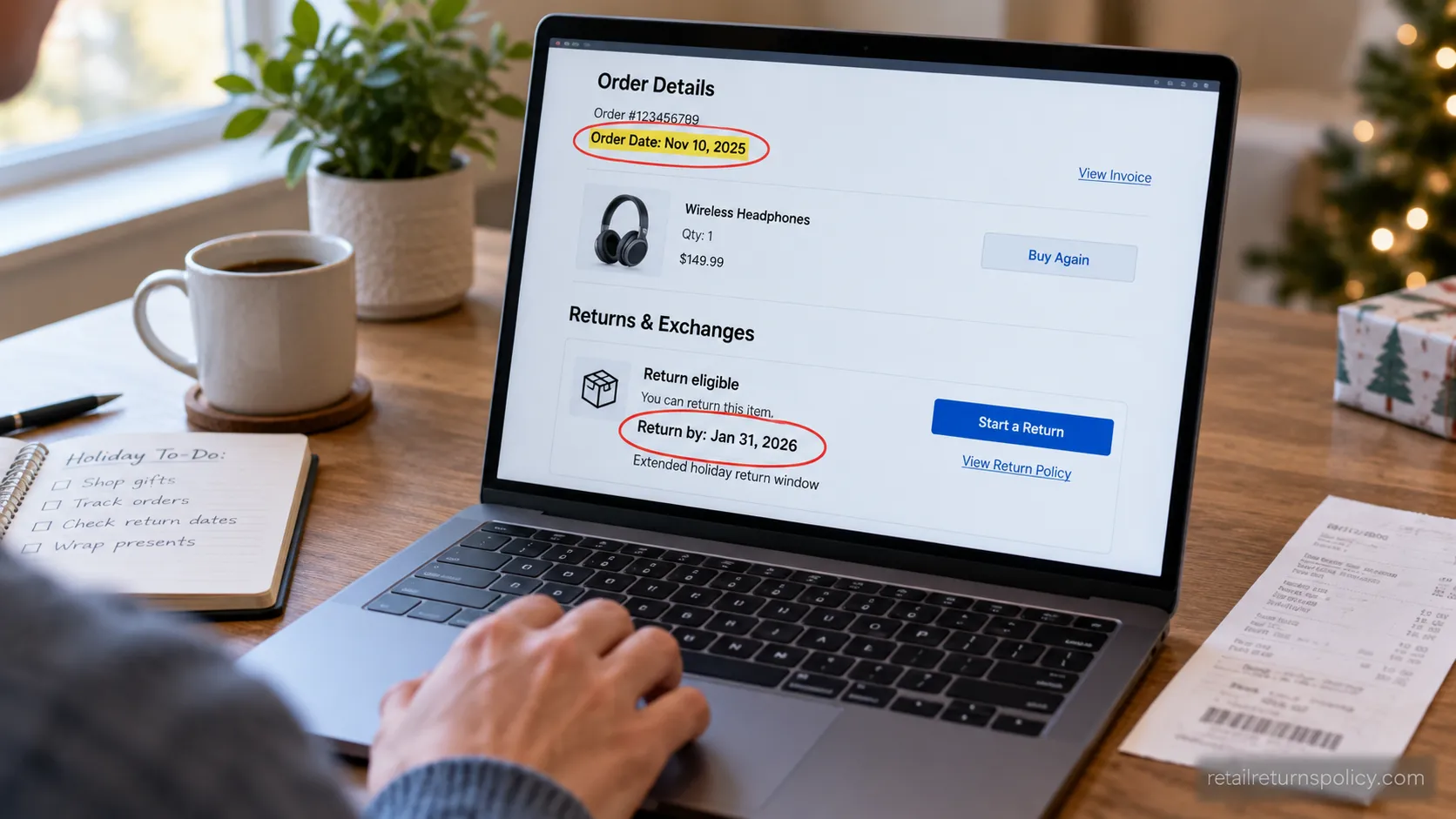 Annotated online order returns page showing an extended holiday return-by date and the original order date.