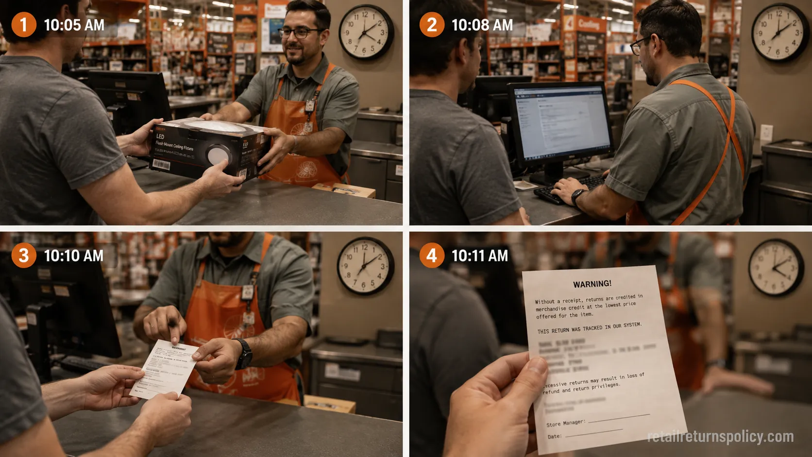 Customer completing a step-by-step Home Depot return without a receipt at the service desk.