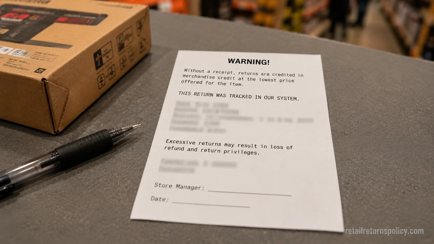 Redacted Home Depot warning notice showing that a no-receipt return was tracked.
