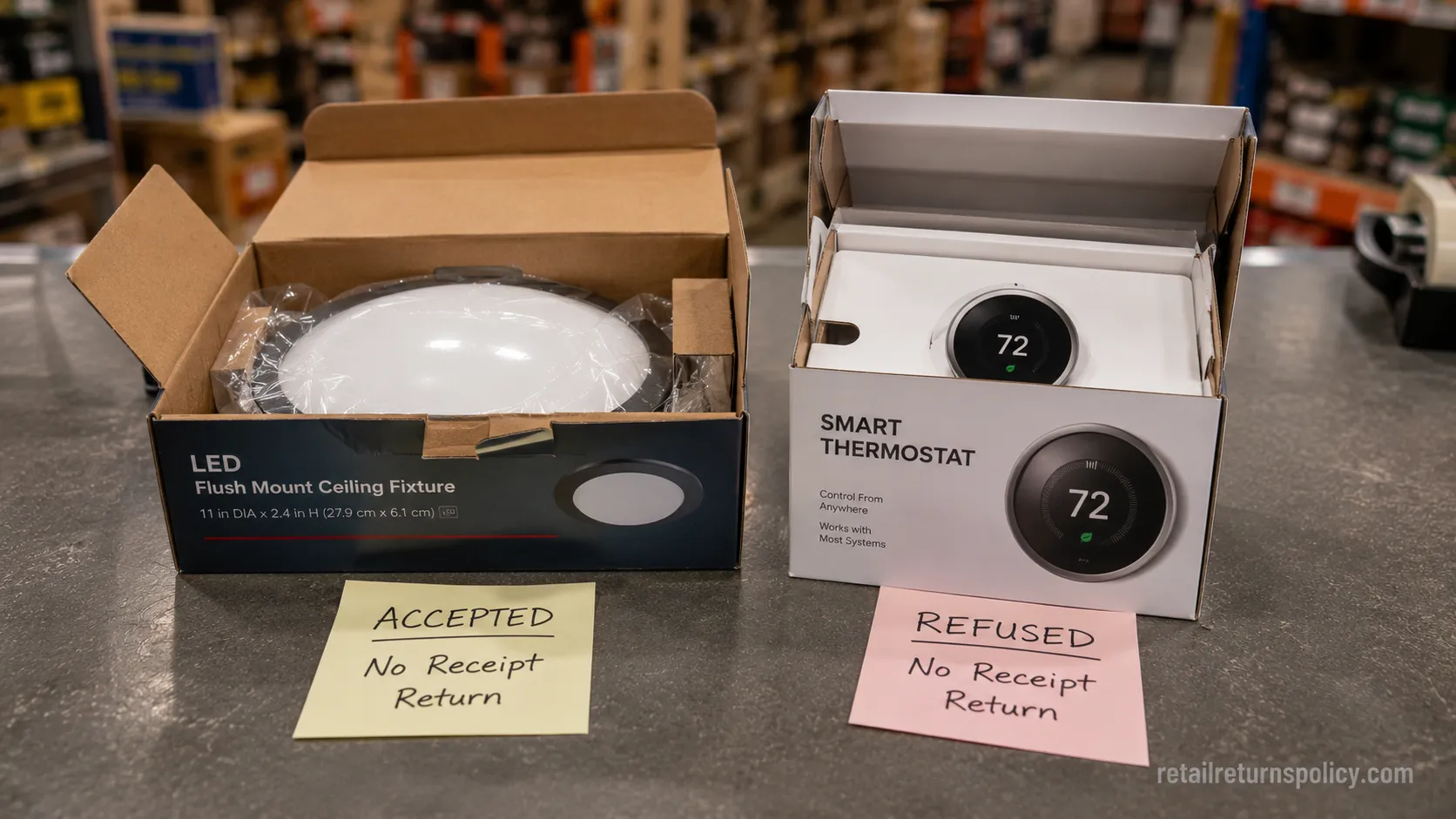 Opened Home Depot items accepted and refused for a no-receipt return on a store counter.
