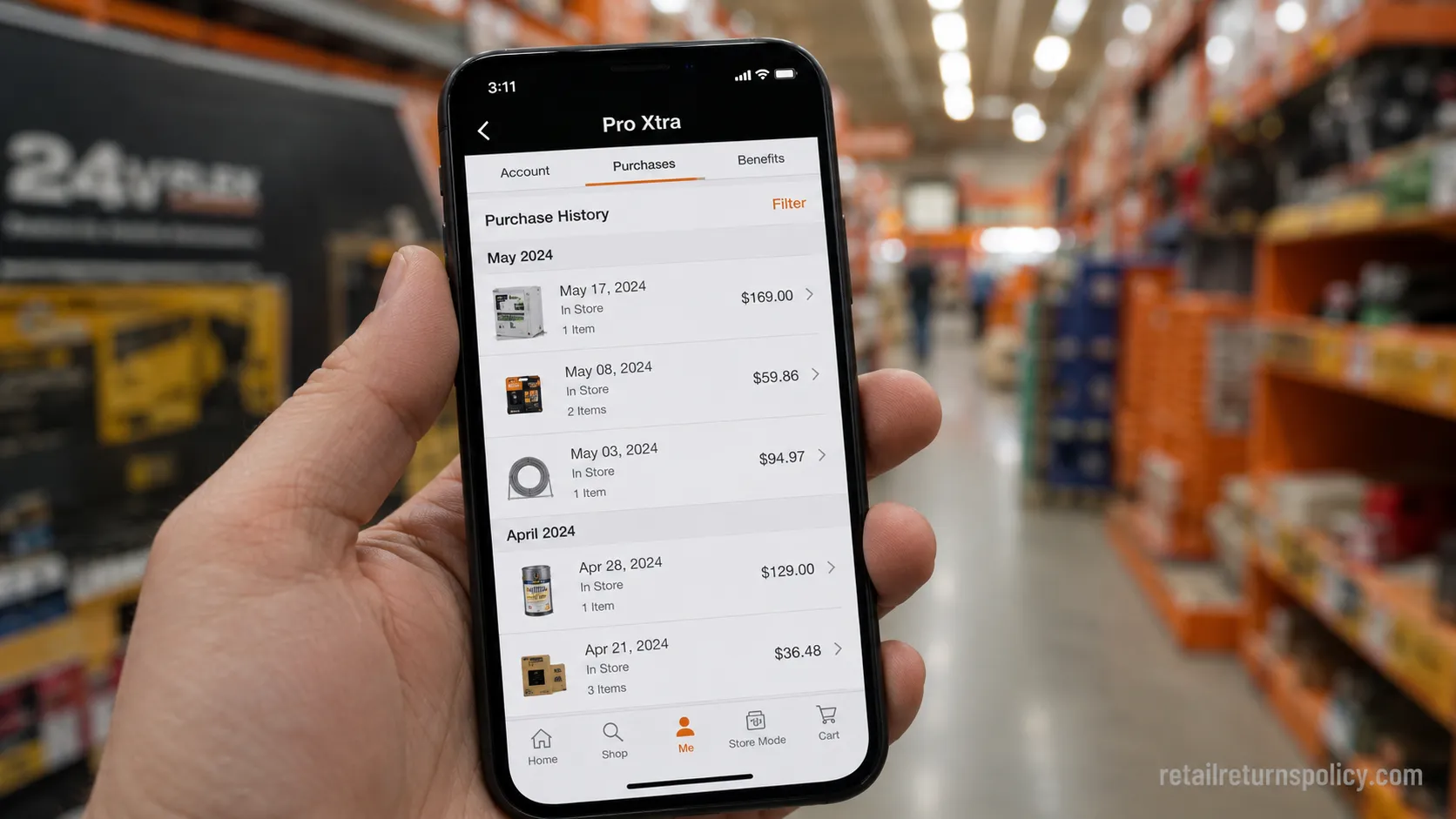 Pro Xtra purchase history on a phone used to find a lost Home Depot receipt.