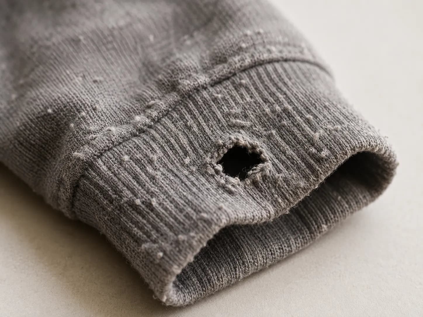 Macro close-up of a worn children's sweatshirt cuff showing heavy pilling and a small frayed hole that led to the return being declined.