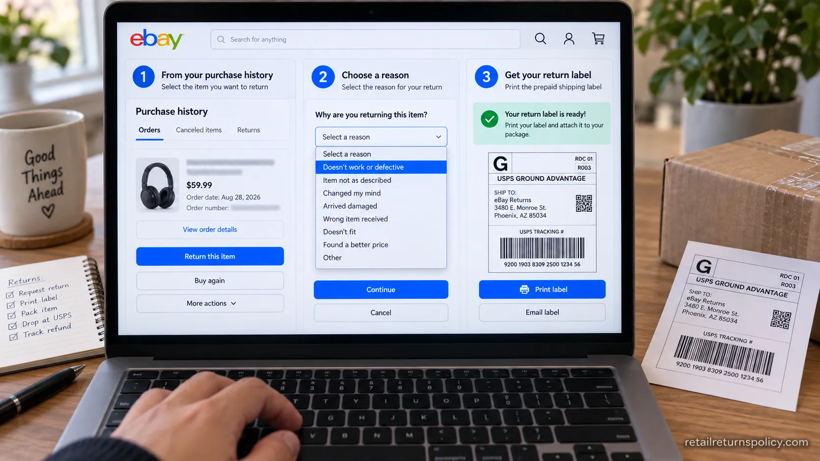 How to return an item on eBay showing purchase history, the reason dropdown, and a prepaid label