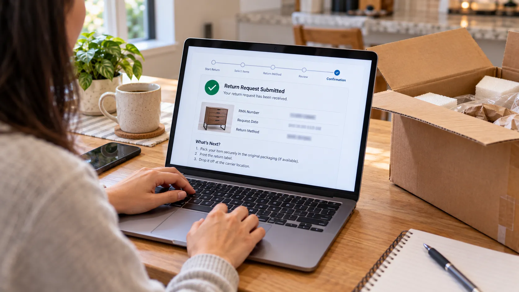 A person starting an Ashley Furniture online return on a laptop with an open delivery box nearby.
