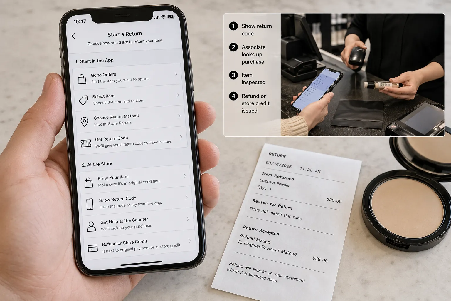 Step-by-step Sephora no-receipt return workflow shown in the app and at the counter.