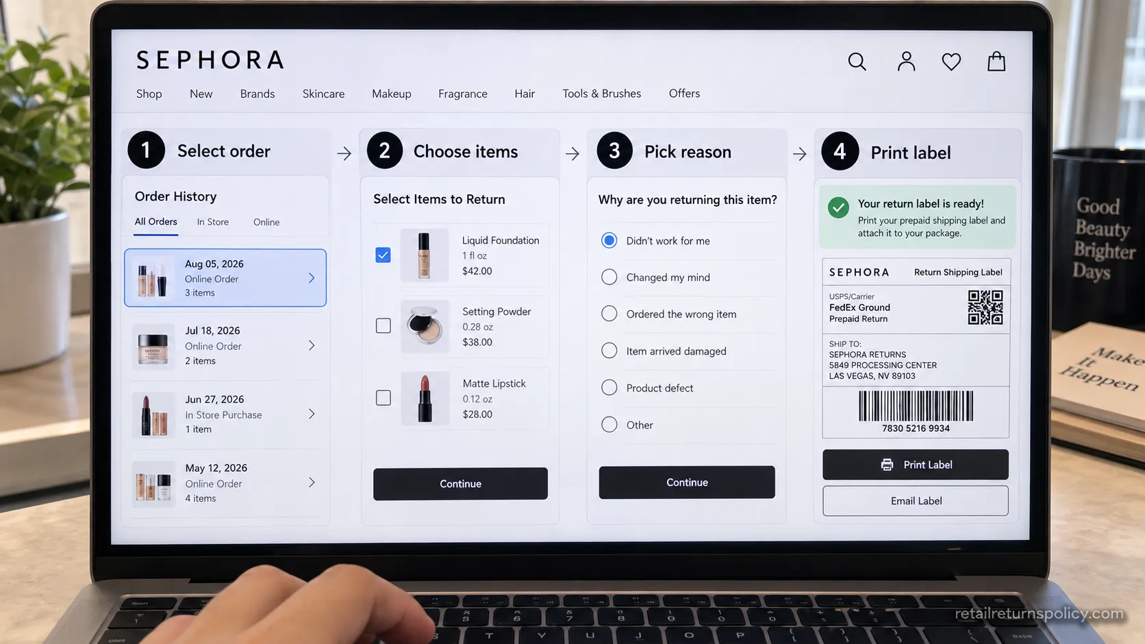 Four-step Sephora online return flow from selecting an order to printing the label.