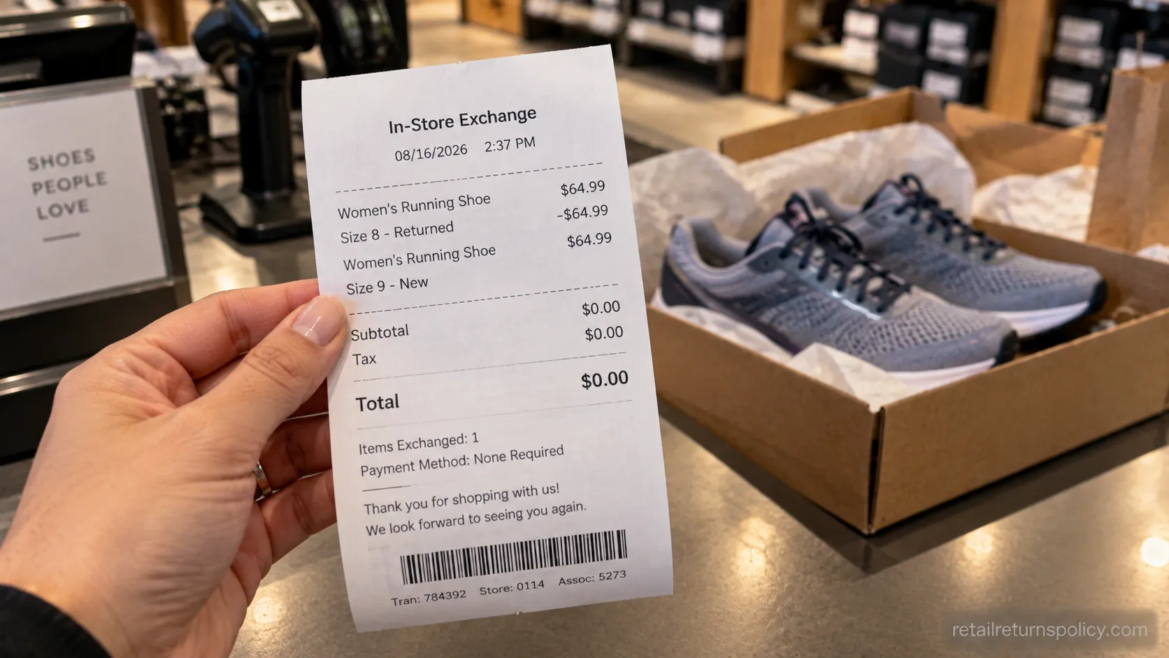 A hand holding an in-store exchange receipt showing a free five-minute size swap.