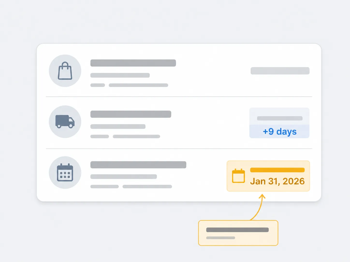 Illustration of a generic online order details screen showing a January order shipped nine days late with a highlighted eligible return date badge and callout arrow on a clean, unbranded interface.