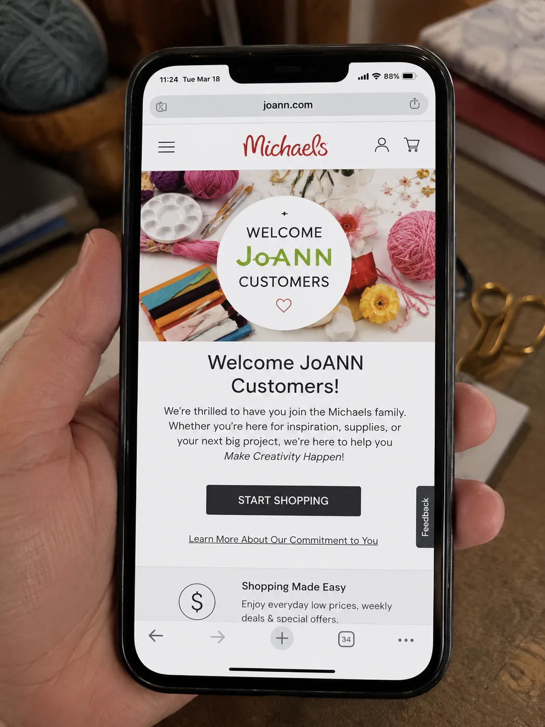 JoAnn website redirecting to the Michaels welcome page in 2026, with date visible.