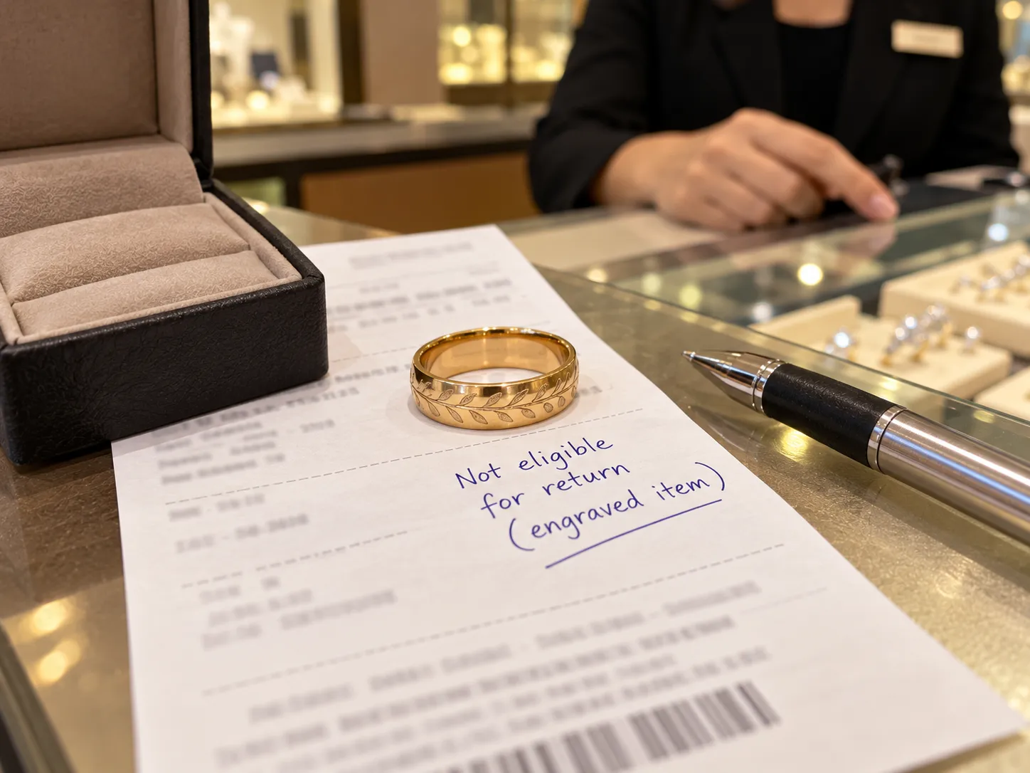 Engraved Kay Jewelers band marked ineligible for return on the receipt.