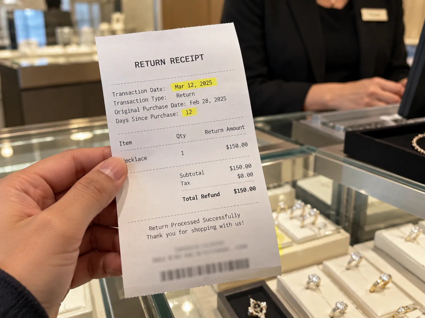 Dated Kay Jewelers in-store return receipt processed inside the 30-day window.