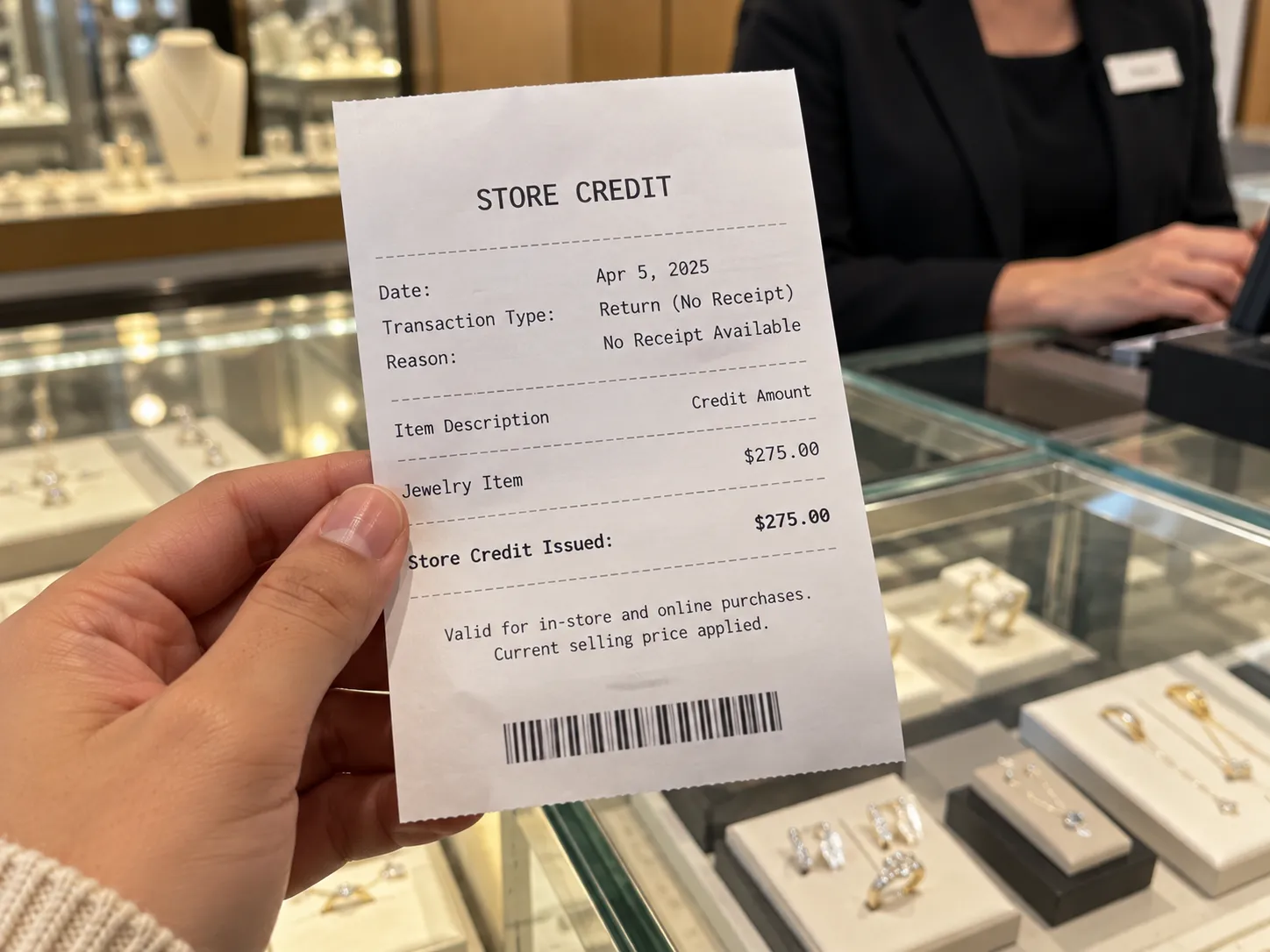 Kay Jewelers no-receipt return issued as store credit at the current selling price.