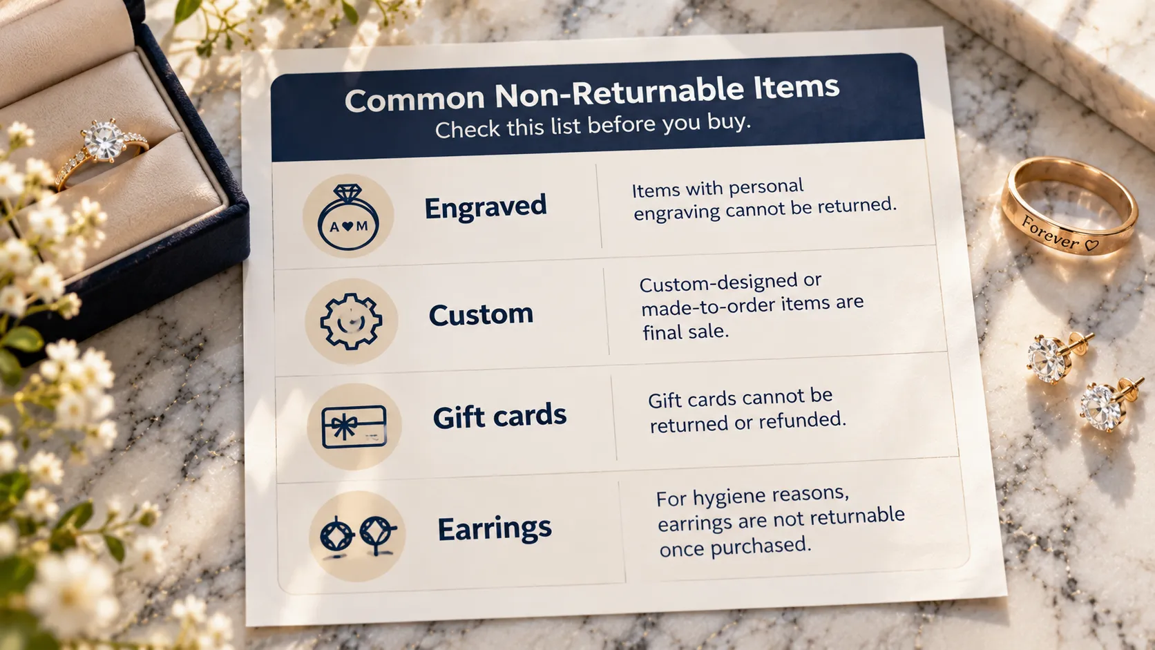 Kay Jewelers non-returnable items including engraved, custom, gift cards, and earrings.