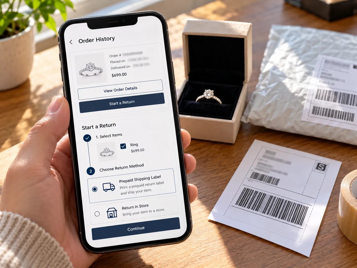 Starting a Kay online return from order history and printing a prepaid shipping label.