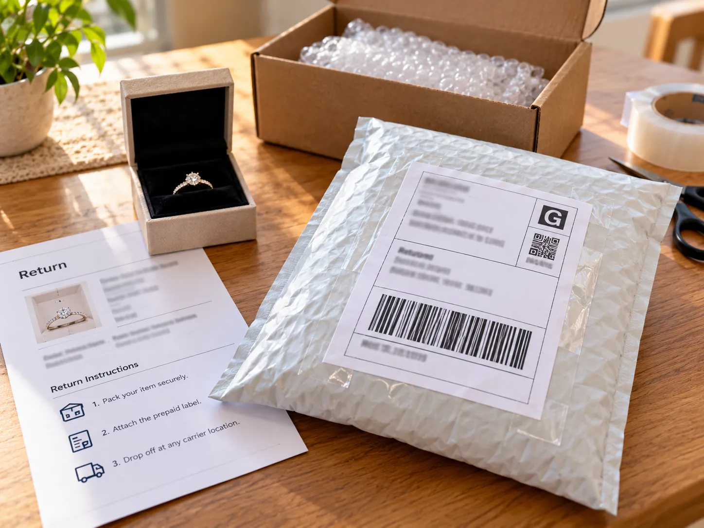 Printed prepaid return label on a Kay Jewelers return mailer ready to ship.