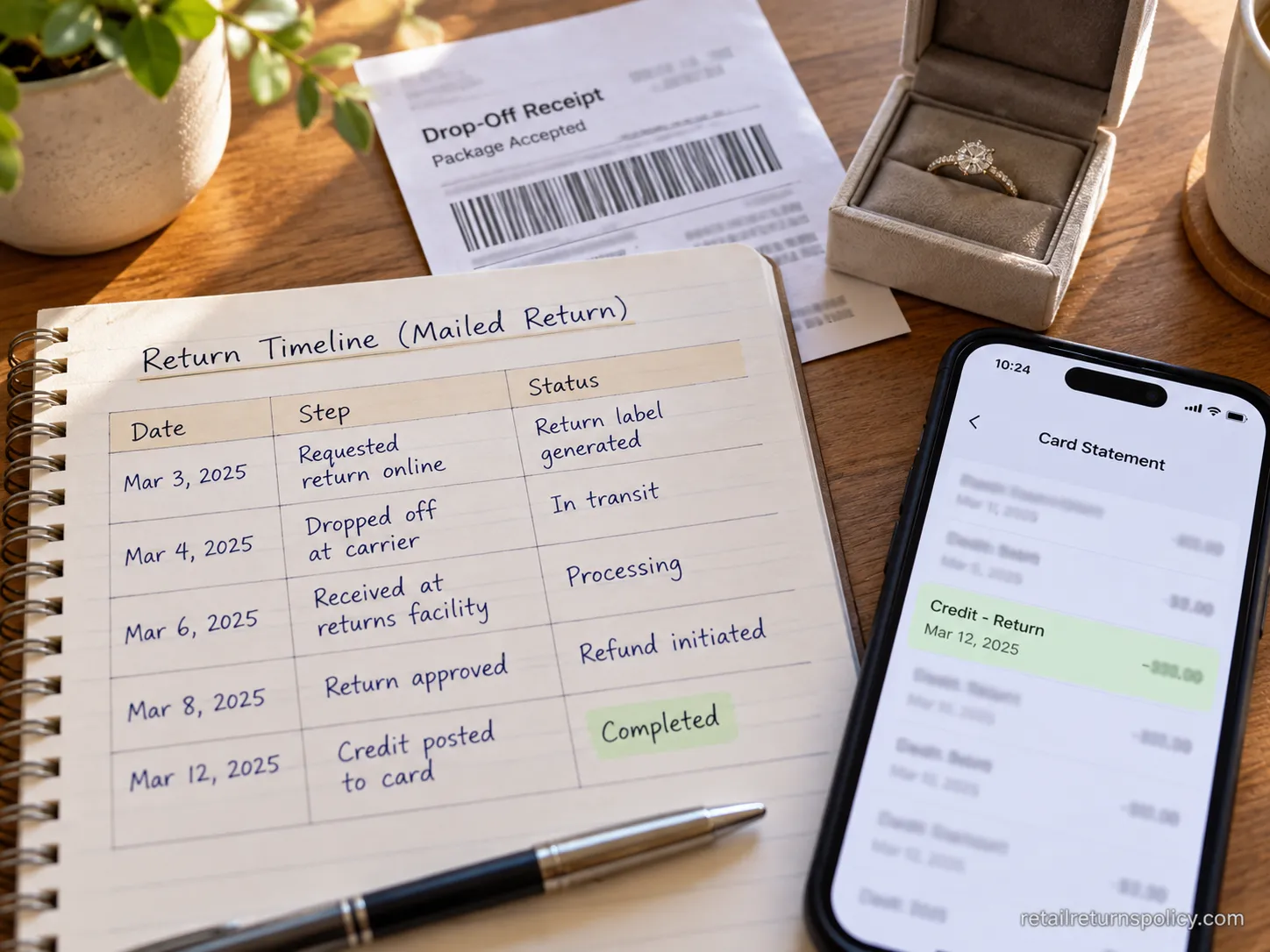 Kay Jewelers refund timeline log from mail drop-off to card credit posting.