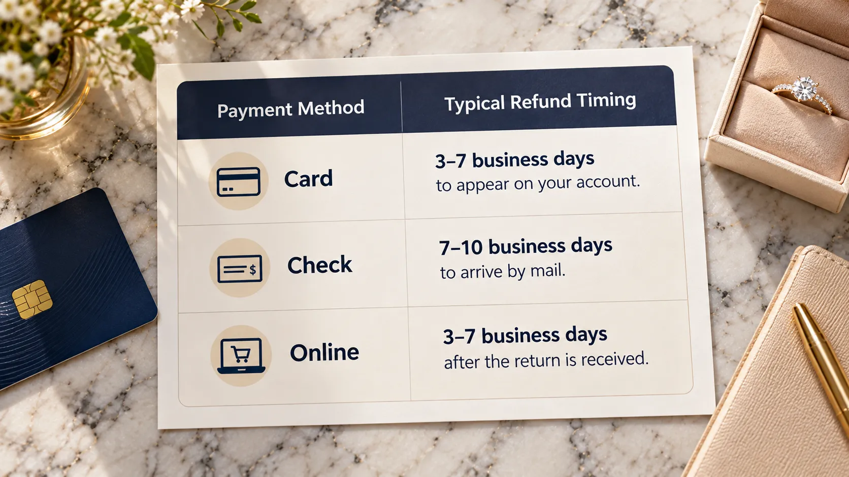 Kay Jewelers refund timing by payment method for card, check, and online orders.