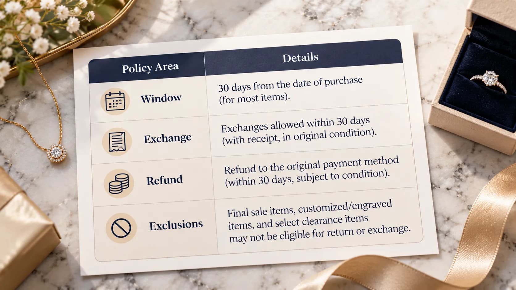 Kay Jewelers return policy summary table showing window, receipt, refund, and exclusions