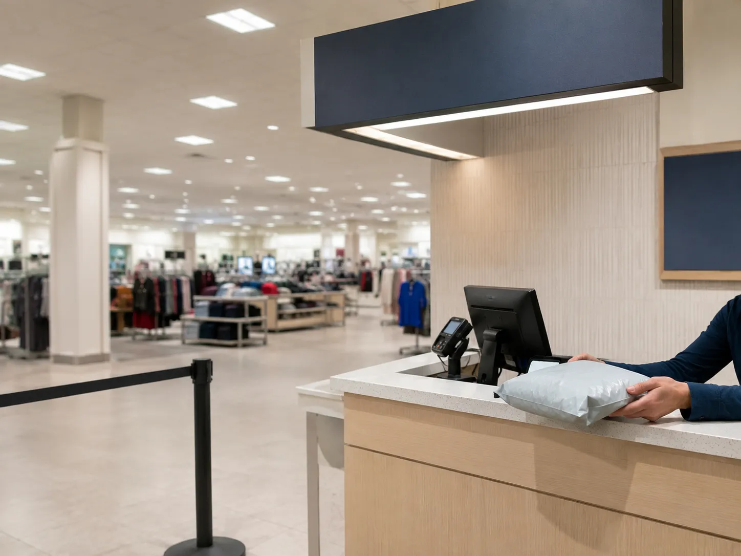 Customer service counter in a department store with a small parcel being accepted, illustrating an Amazon return with an immediate refund after drop-off.