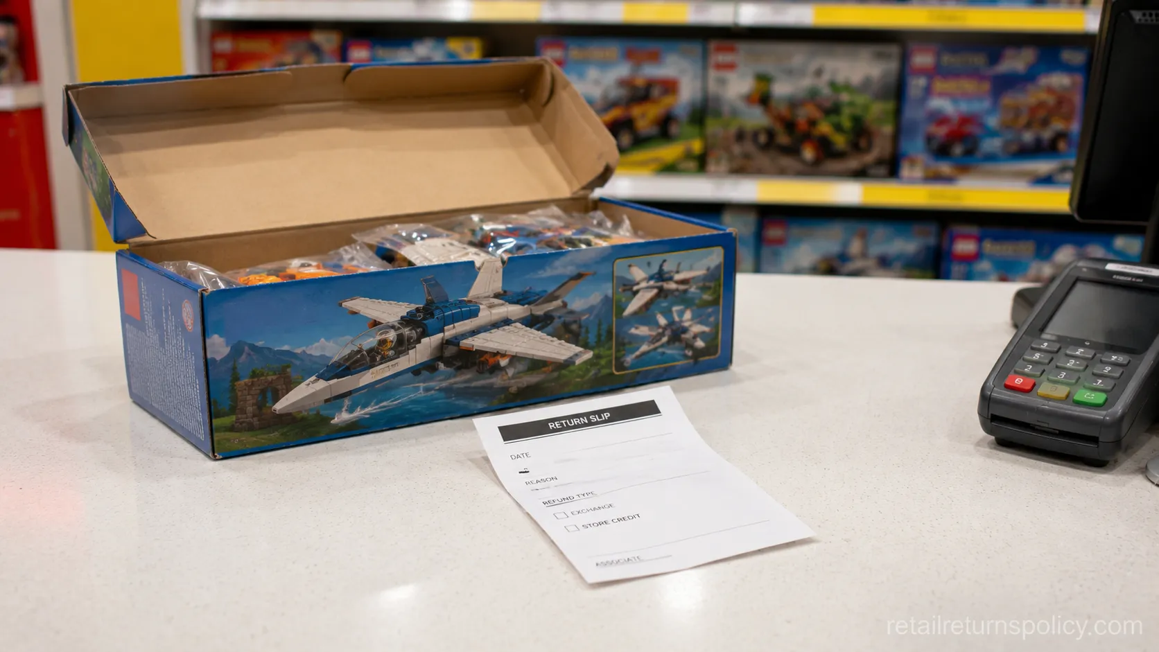 Opened LEGO set with a return slip, showing a no-receipt return that gets an exchange or store credit only