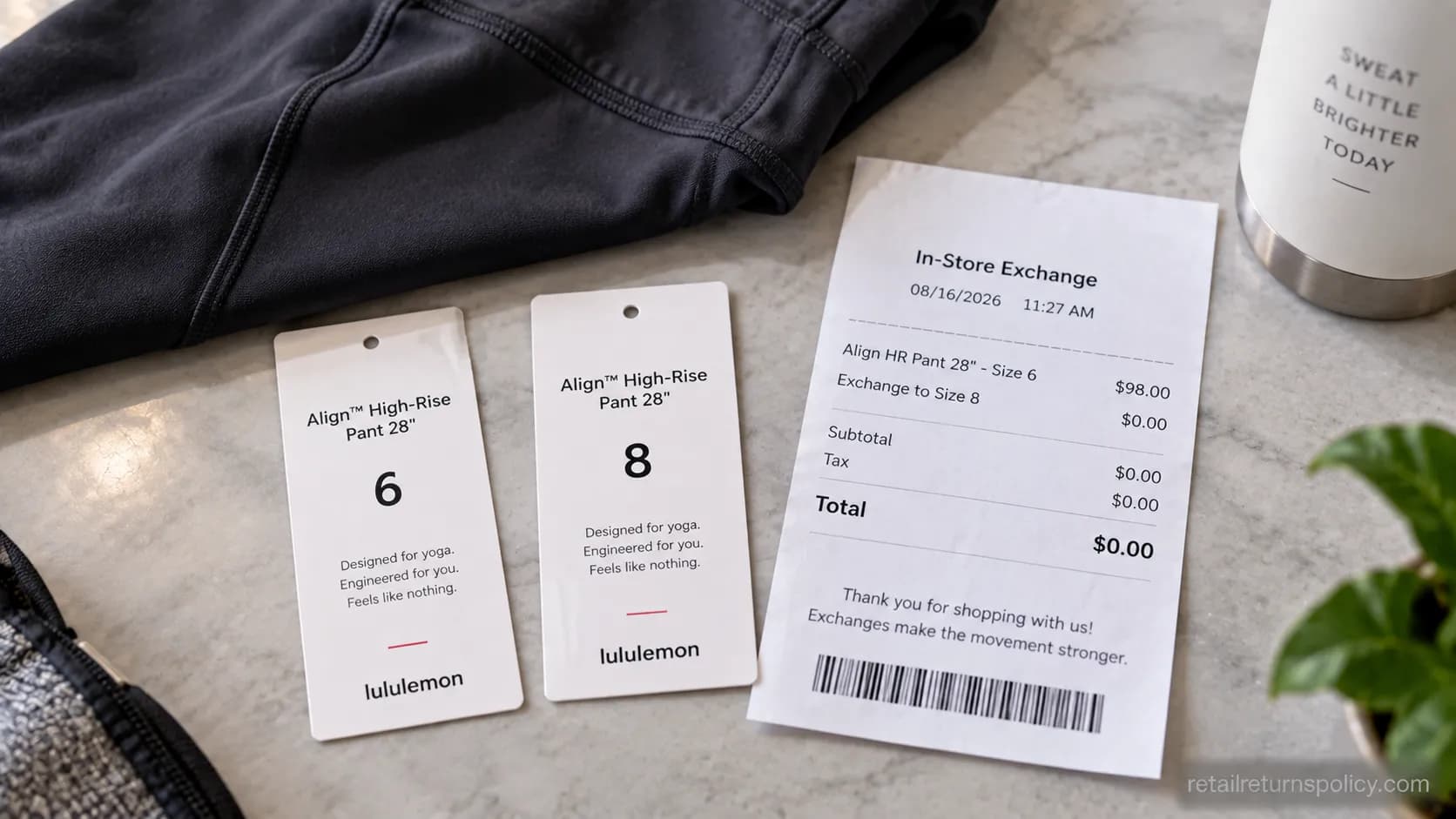 Two Lululemon size tags beside an in-store receipt documenting a real size exchange.