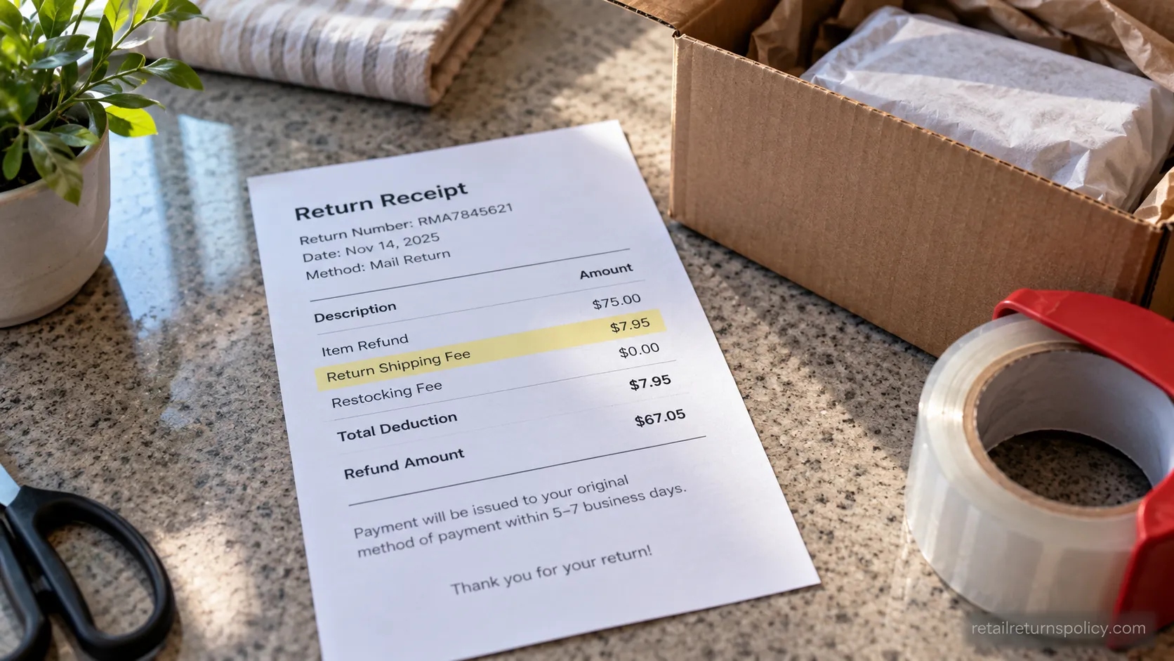 Printed return receipt with a return-shipping fee line item highlighted beside a shipping box.