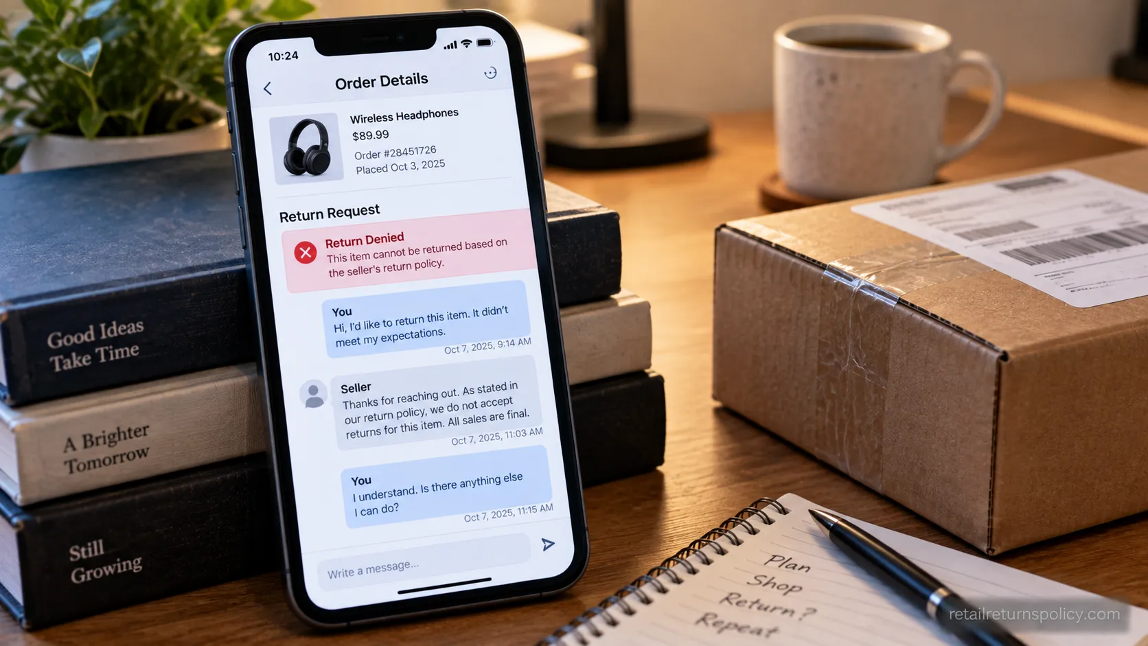 Smartphone showing a marketplace return request denied under a third-party seller policy.