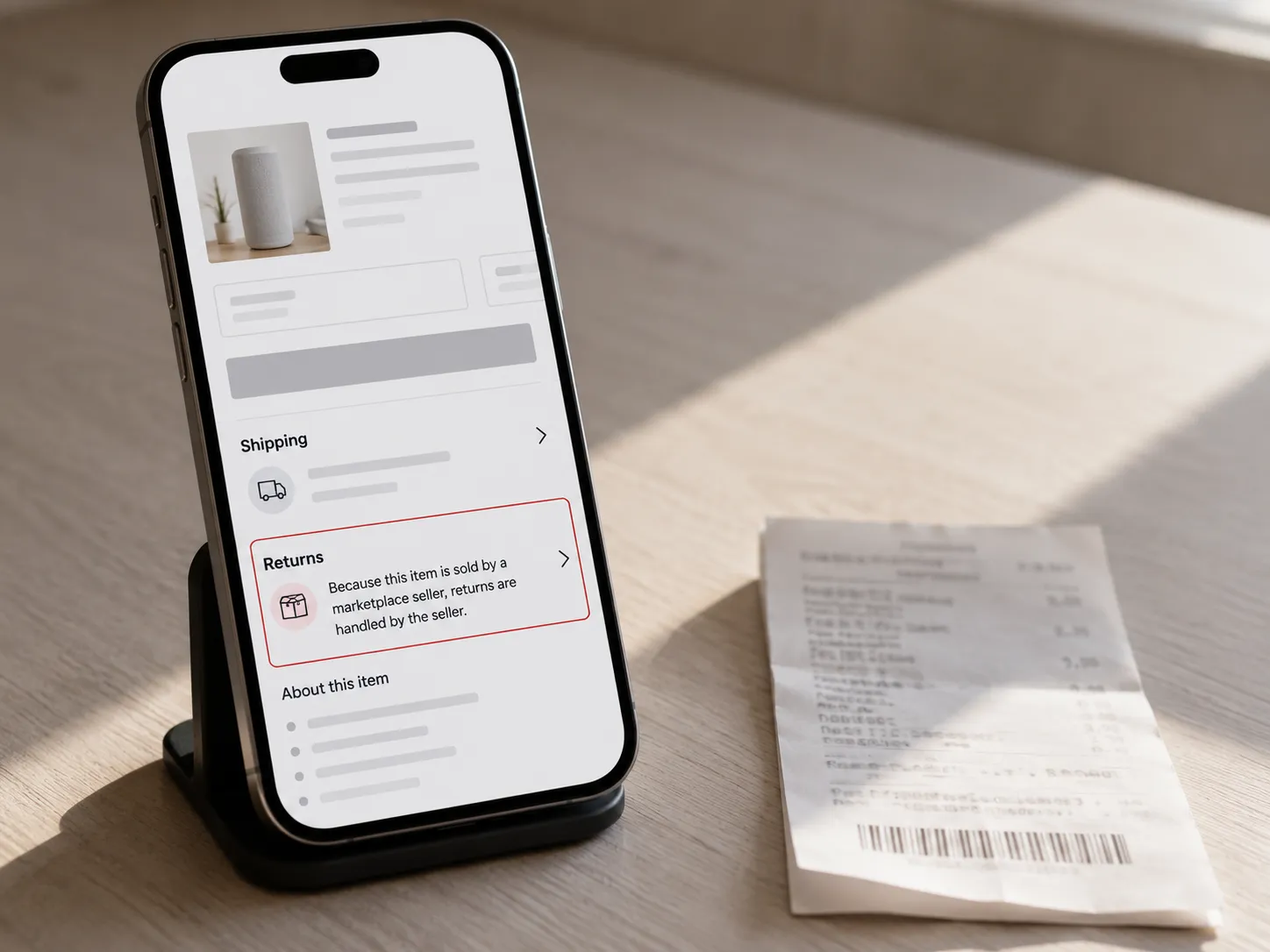 Smartphone displaying a generic product page with a highlighted Shipping and Returns section indicating the marketplace seller manages the return, beside a paper receipt.