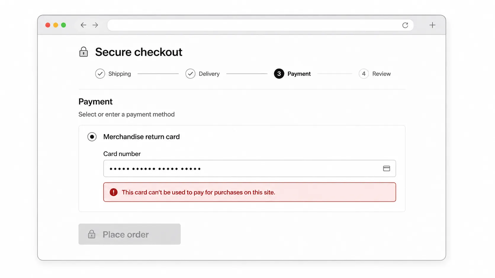 Mock online checkout showing a merchandise return card declined with an inline error message and a disabled checkout button.