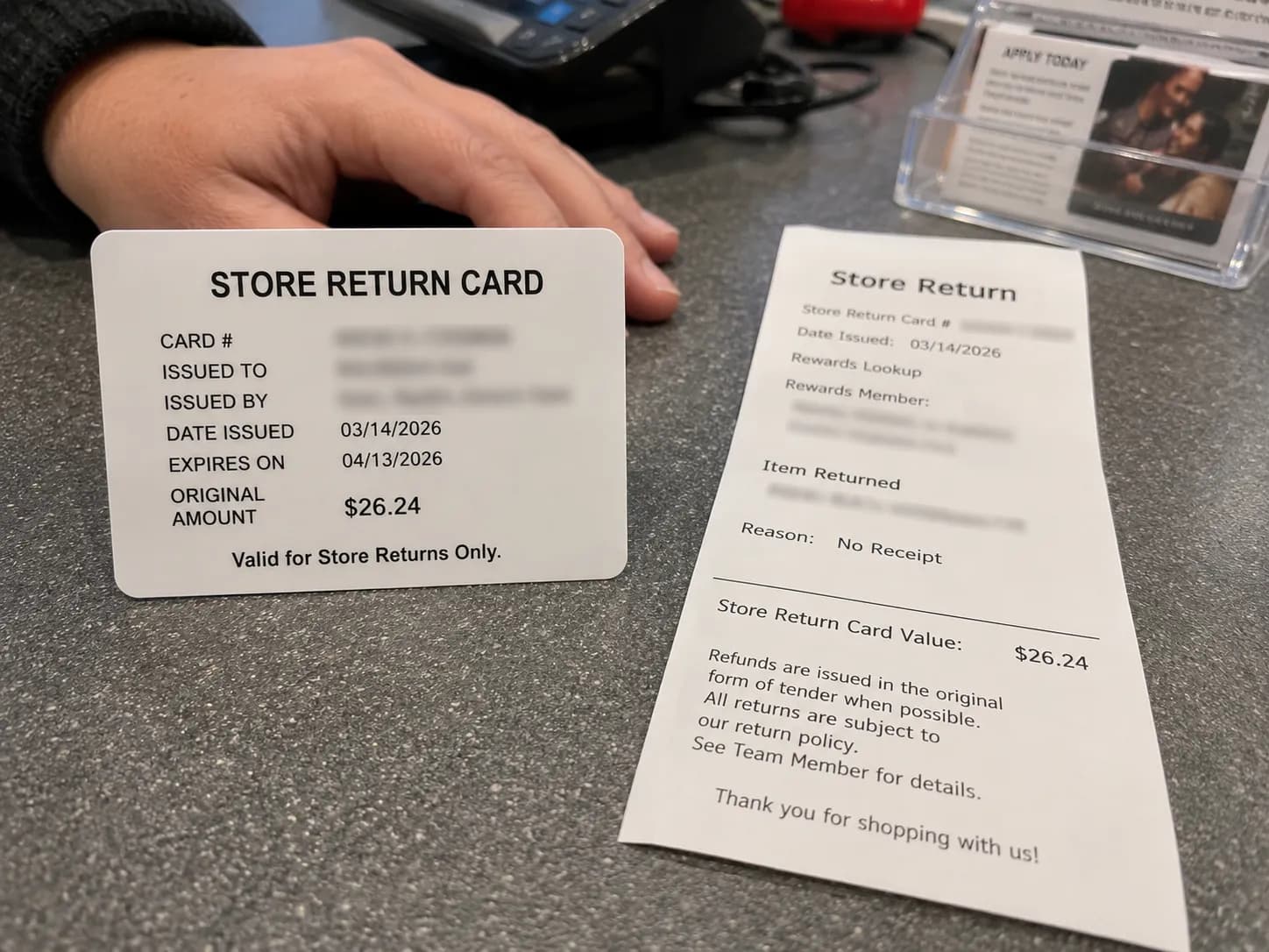 Michaels no-receipt Store Return Card issued after a Rewards lookup, dated March 2026.